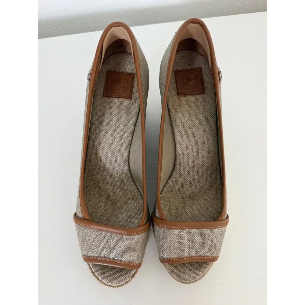 Tory Burch Womens Majorca Espadrille Wedges Neutral Canvas Leather Size 38/7-7.5